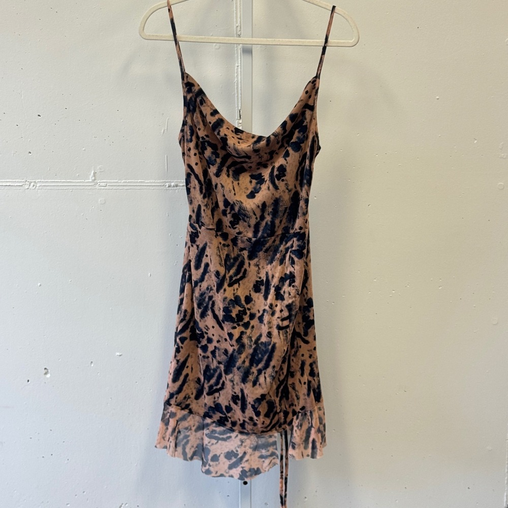 PrettyLittleThing Tan Black Abstract Print Cowl Neck Ruched Mini Dress US 10